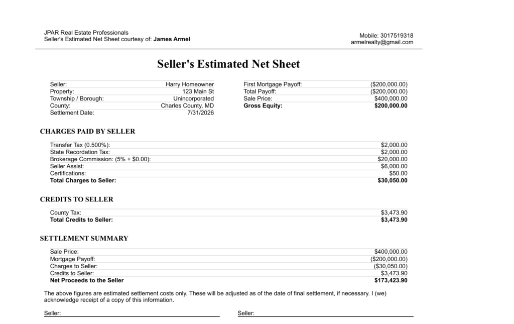 sample seller net sheet showing net proceeds for a Southern Maryland home sale