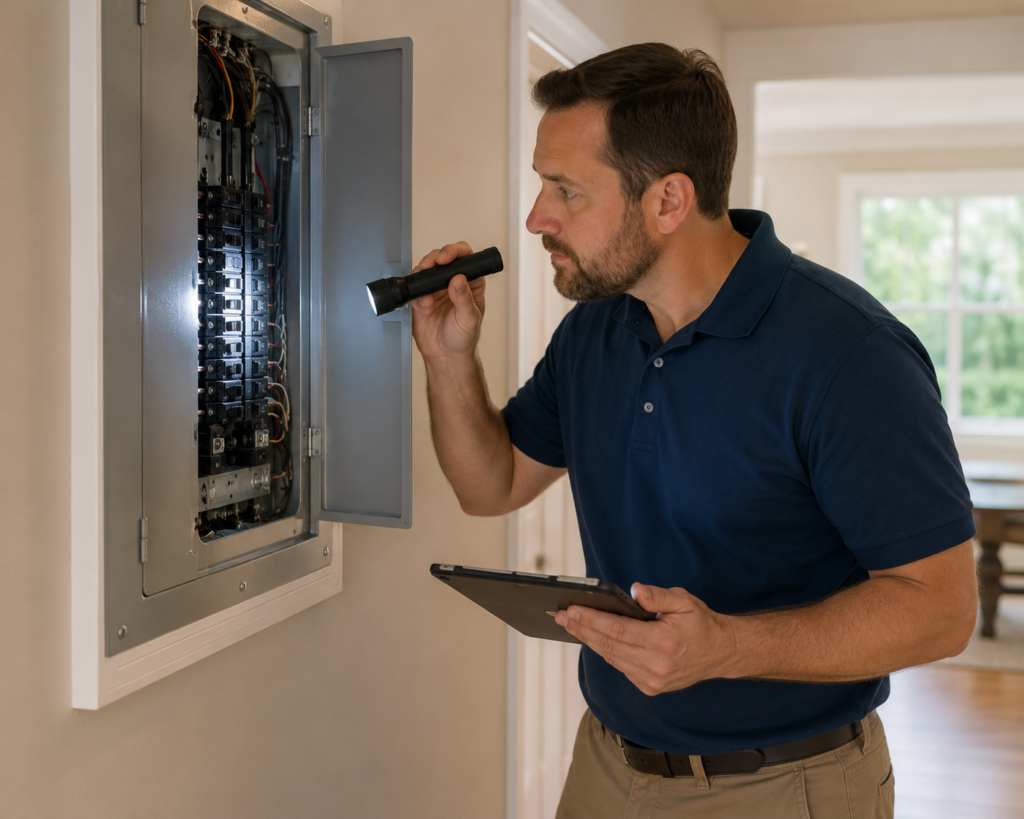 home inspector checking electrical panel during pre-listing inspection Southern Maryland