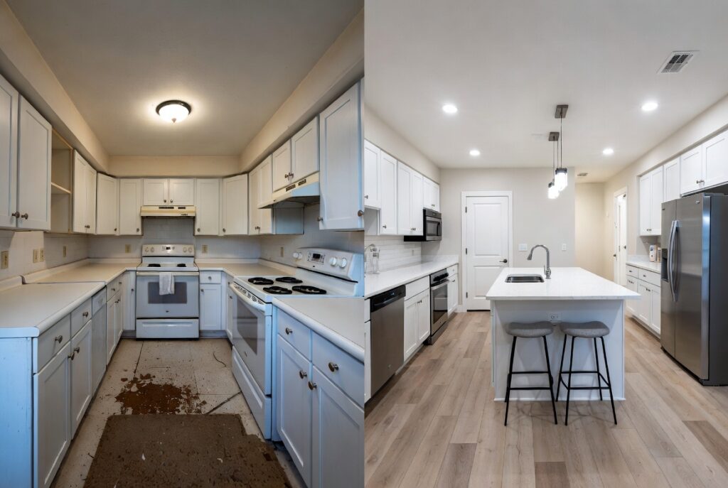 Side-by-side comparison of dated as-is kitchen and fully renovated kitchen to illustrate home repair value