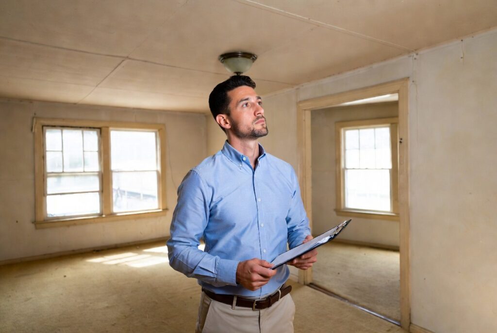 Real estate investor evaluating condition of as-is home in Southern Maryland before purchase