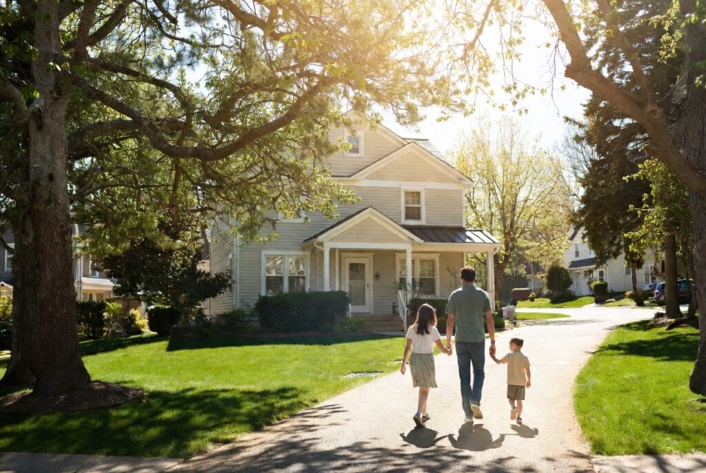 Family buying a home in Charles County Maryland walking up to a single-family house with a front porch