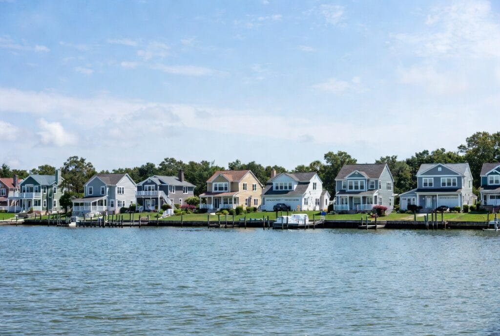 Calm waterfront community with charming homes and docks in Calvert County Maryland on a sunny day
