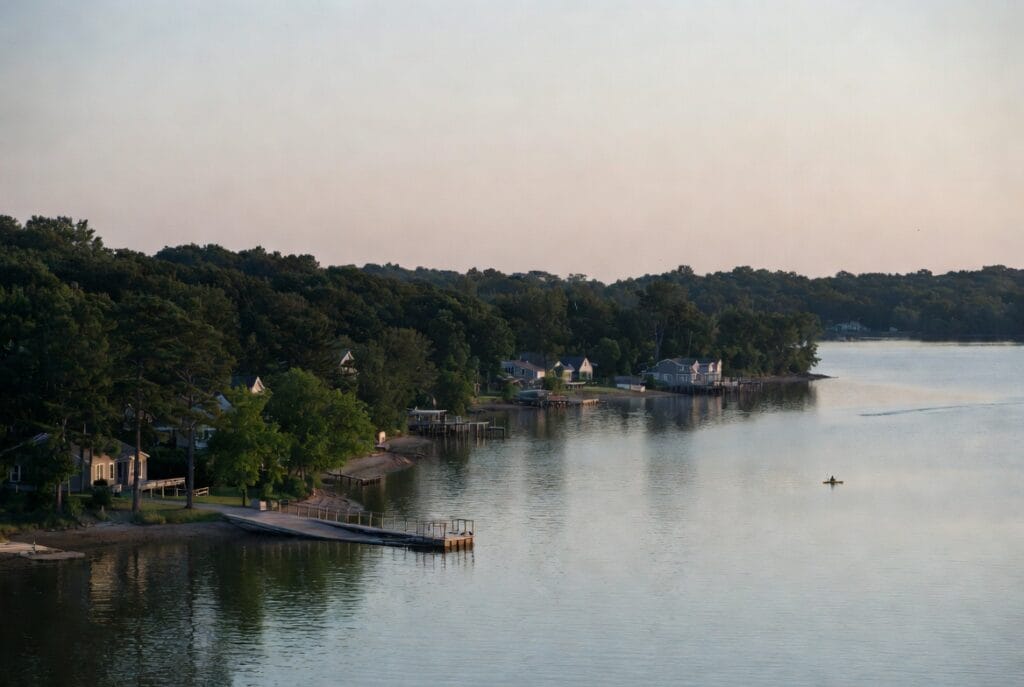 Potomac River waterfront with a boat launch and kayaker in Charles County Maryland