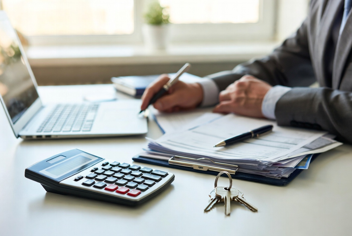 Maryland seller closing costs — calculator, house keys, and settlement paperwork on a desk