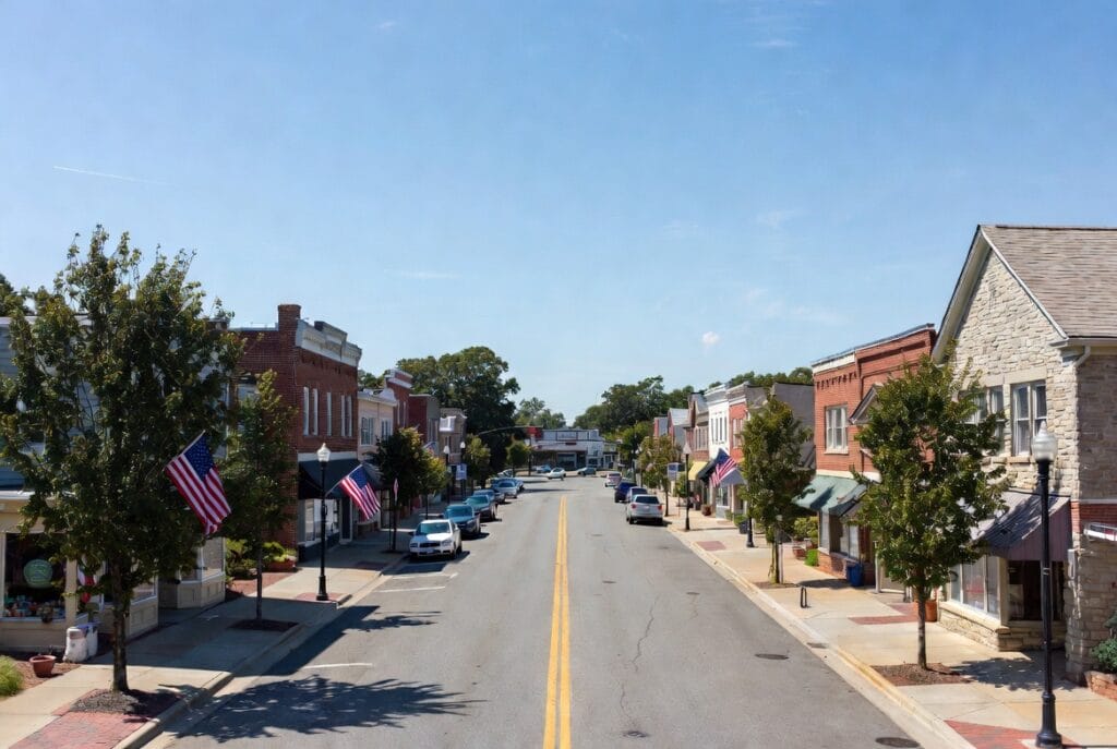 Downtown Prince Frederick Maryland on a sunny day with charming buildings, trees, and American flags