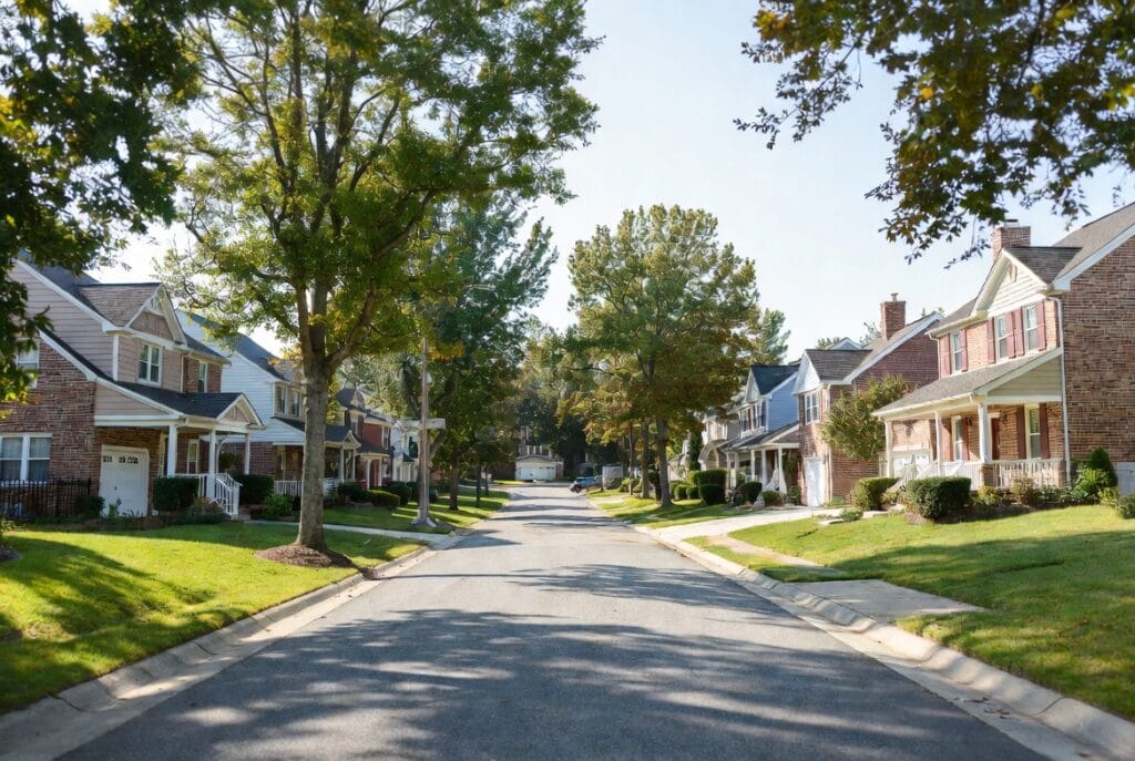 Tree-lined residential street with brick colonial homes in Bowie, Prince George's County Maryland
