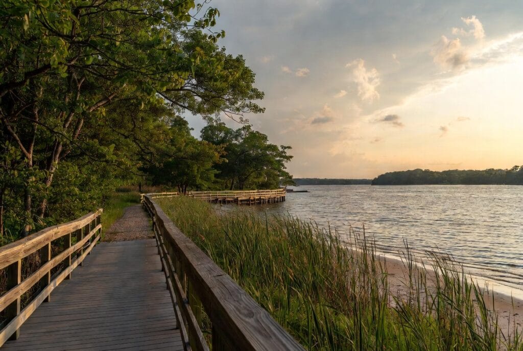 Wooden boardwalk and walking trail along the Potomac River at Piscataway Park in Accokeek, Prince George's County Maryland