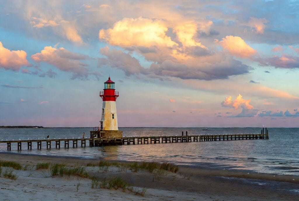 Lighthouse and fishing pier on the Chesapeake Bay waterfront in St. Mary's County Maryland