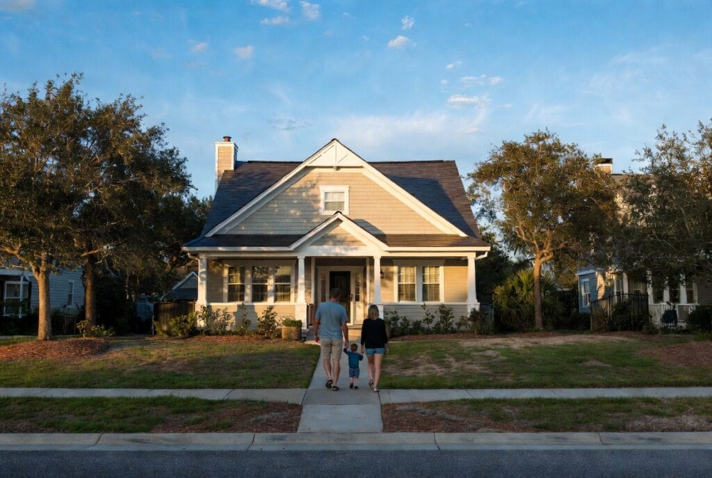 Family walking up to a single-family home in St. Mary's County Maryland