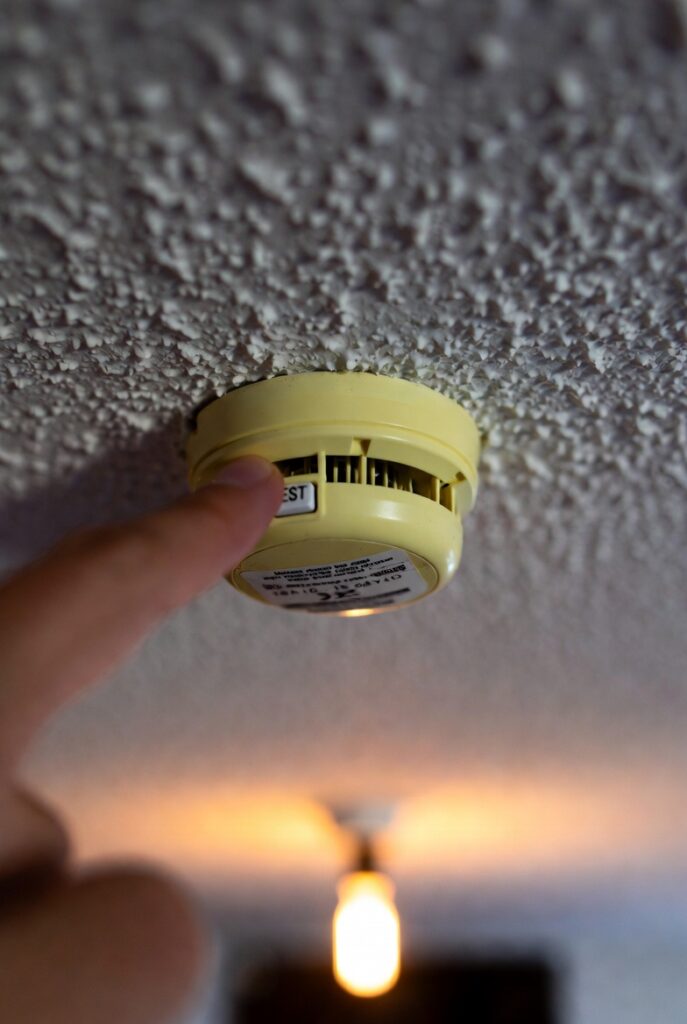Yellowed smoke detector on a popcorn ceiling with an old manufacture date — Maryland disclosure form requires sellers to report smoke alarm age and battery type