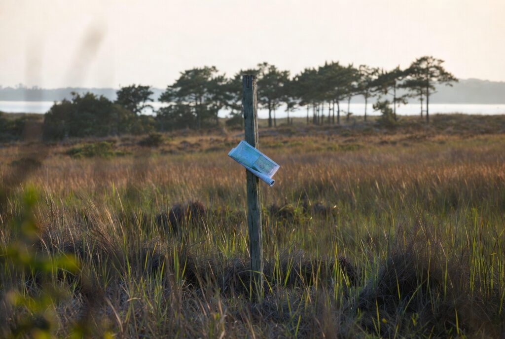 Survey stake at the edge of a Southern Maryland tidal marsh with the Chesapeake Bay in the background — Critical Area designation is a required disclosure item for Maryland home sellers