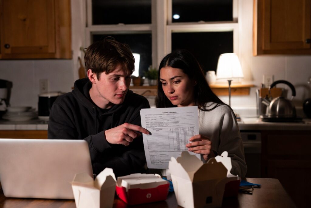 Young couple sitting at a kitchen table at night in a Southern Maryland home, stressed while reviewing closing costs on a long itemized document with takeout containers on the table