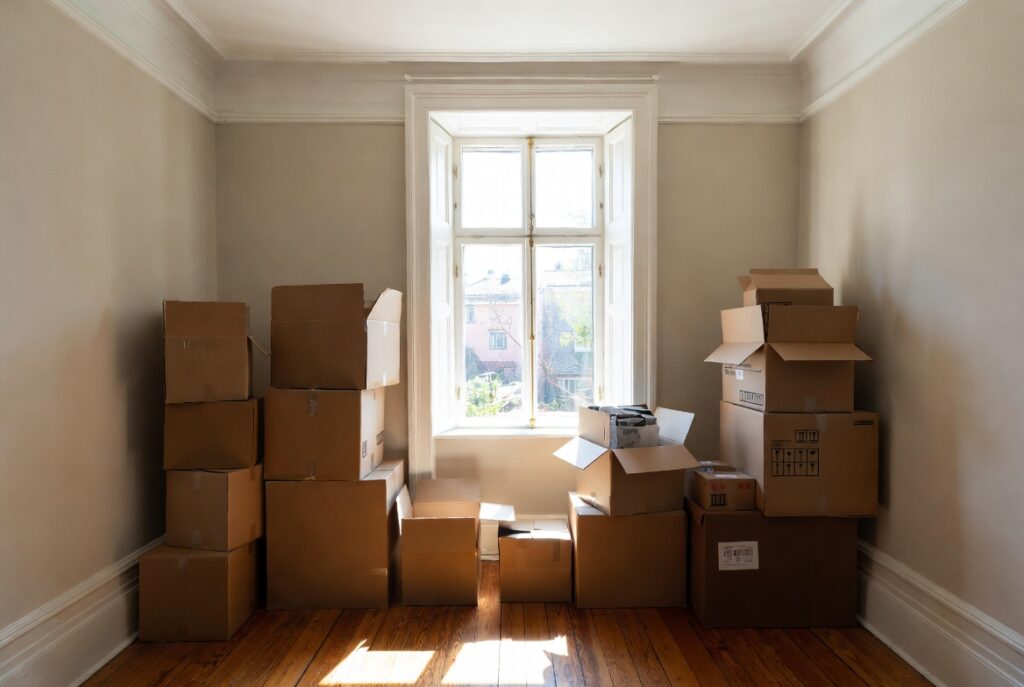 Moving boxes in an empty room of an inherited Maryland home ready for a fresh start