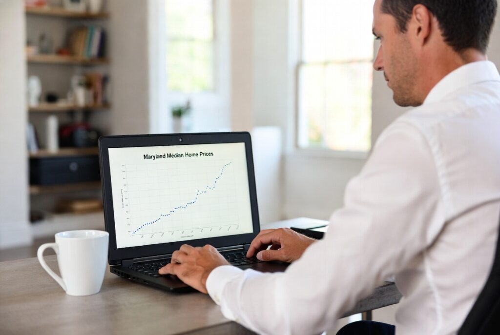 real estate agent reviewing Maryland housing market 2026 price trends on laptop