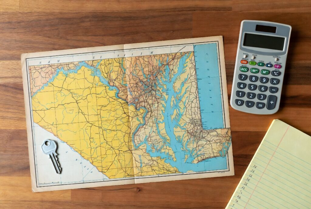 Maryland county capital gains tax rates — map and calculator flat lay