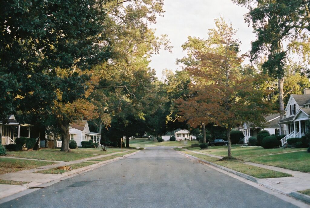 Quiet Southern Maryland neighborhood street with single-family homes Charles County Calvert County