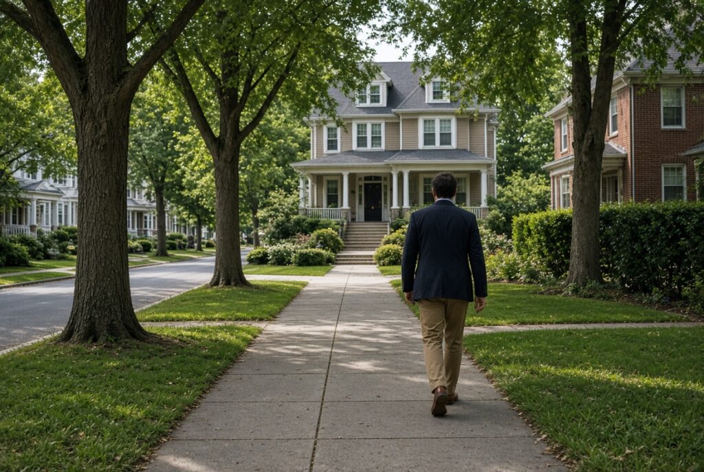 Photo-realistic editorial style. Person in casual professional clothing walking down a quiet suburban Maryland street toward a home, seen from behind. Mature trees, well-maintained homes on both sides. No logos, no text overlays.