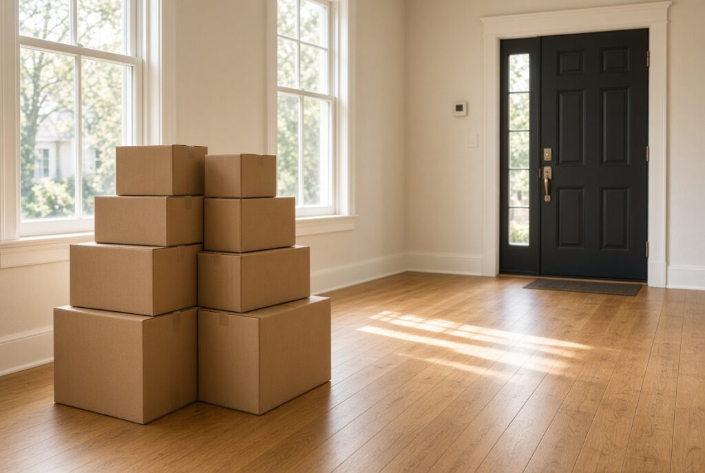 selling your home in Southern Maryland — moving boxes near front door after sale