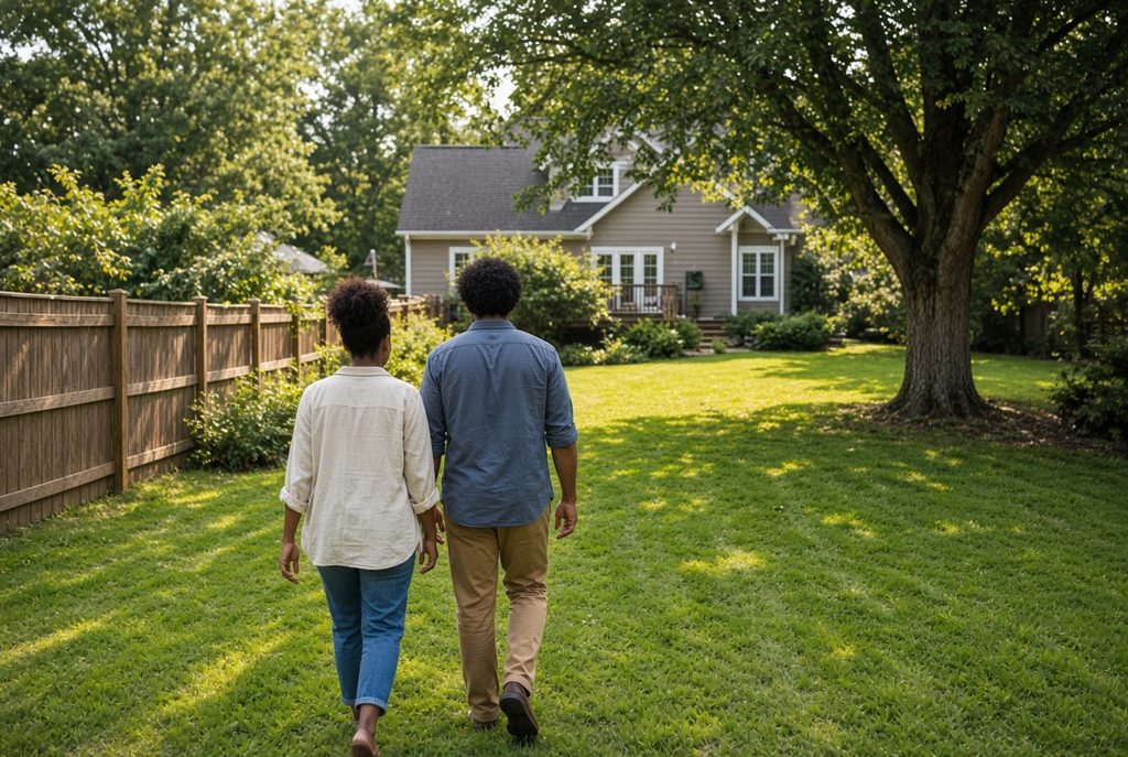 Buyers touring the backyard of a Maryland home with a realtor while deciding who to hire