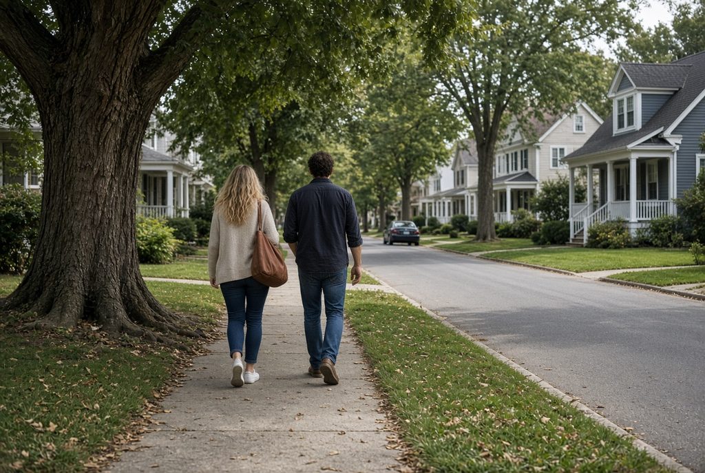 Realtor walking a quiet Southern Maryland street with a buyer while explaining the local market