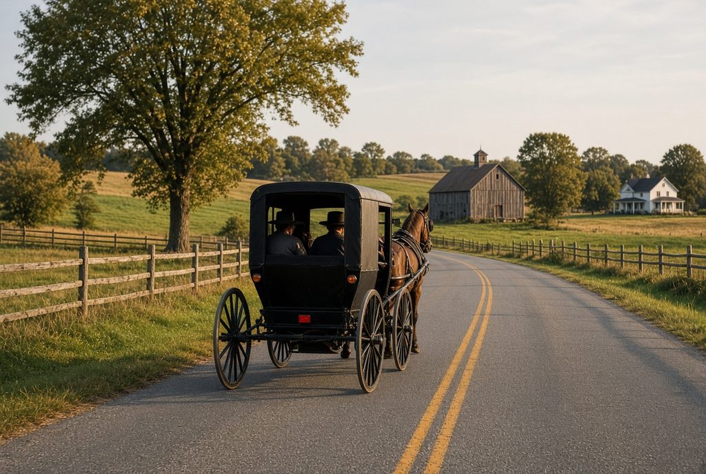 Amish horse and buggy on rural road in Mechanicsville Maryland, St. Mary's County neighborhood
