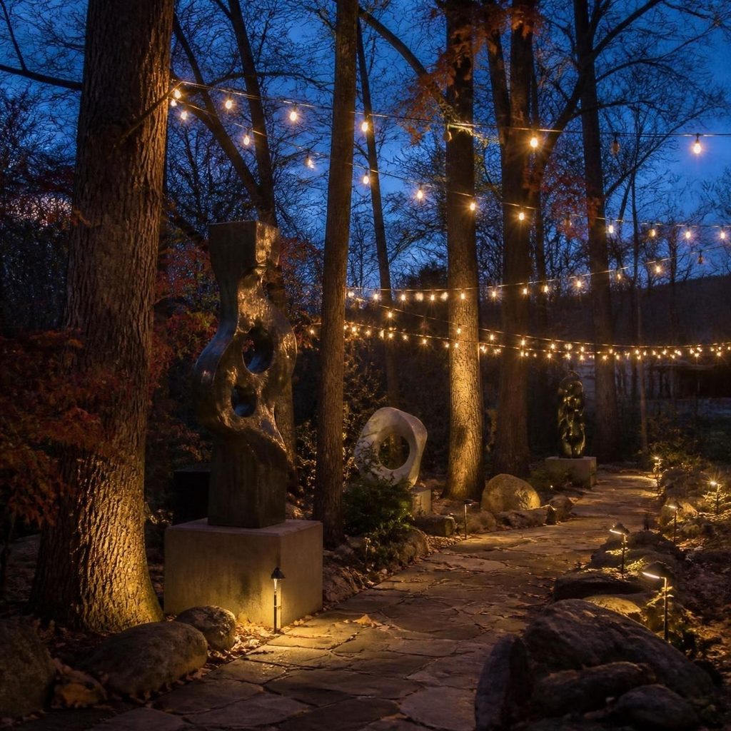 Annmarie Sculpture Garden in Lights — evening path with string lights and bronze sculptures in Solomons, Calvert County, opening November 27, 2026