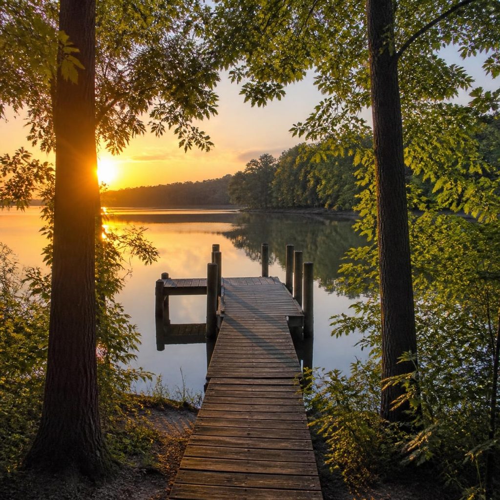 Homes for sale in St. Leonard Maryland: private dock on the Patuxent River at sunrise with wooded shoreline in southern Calvert County