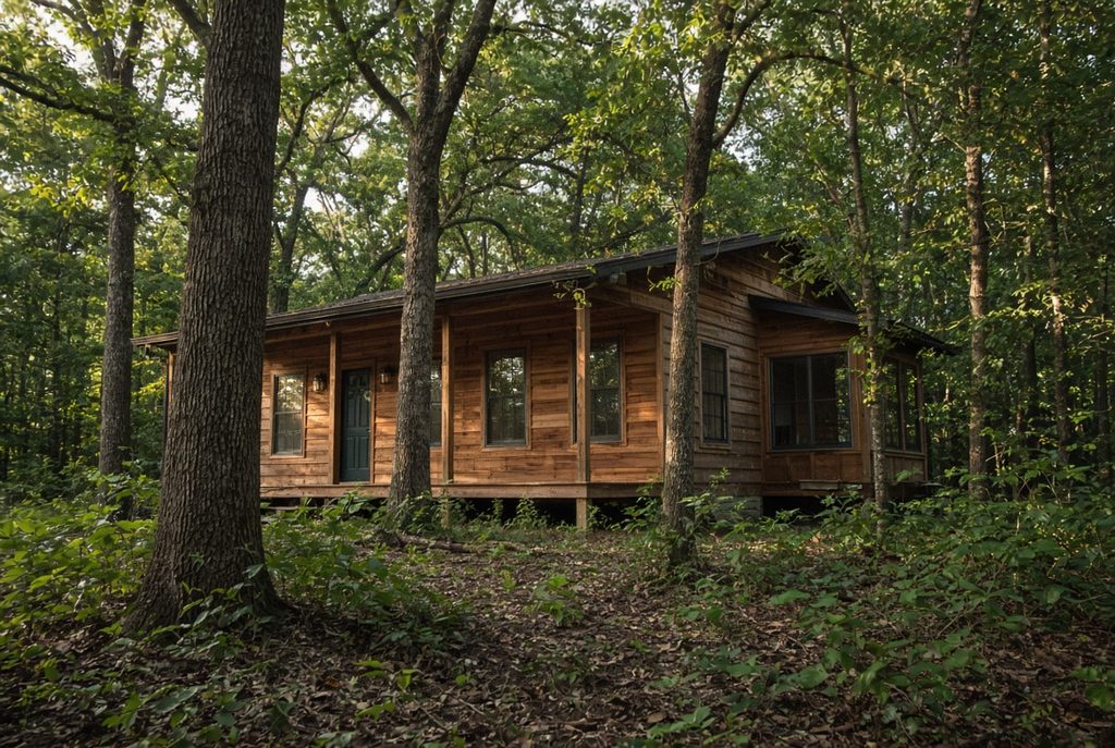 rustic cedar wood exterior home in Scientists Cliffs Maryland surrounded by mature hardwood trees