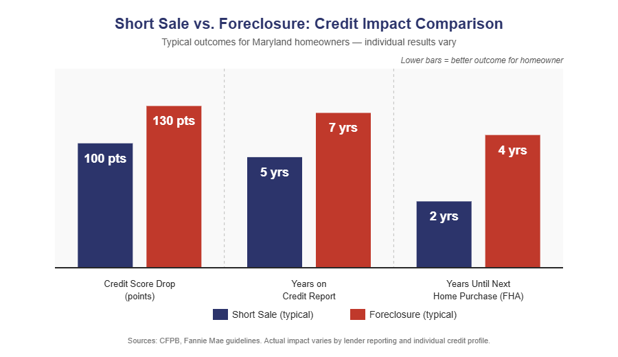 short sale in Maryland vs foreclosure credit score drop years on credit report time to buy again comparison chart