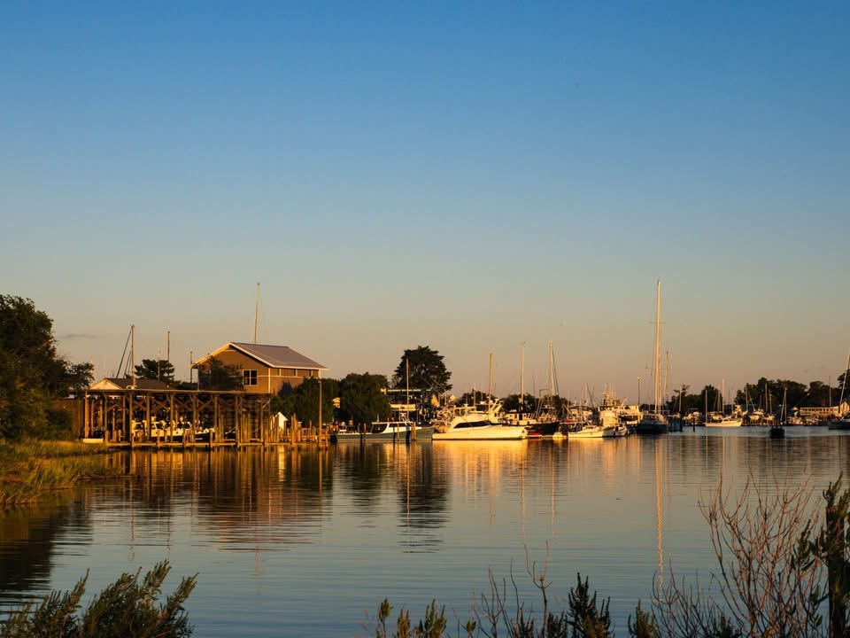 Solomons Island Maryland marina at golden hour on the Patuxent River narrows