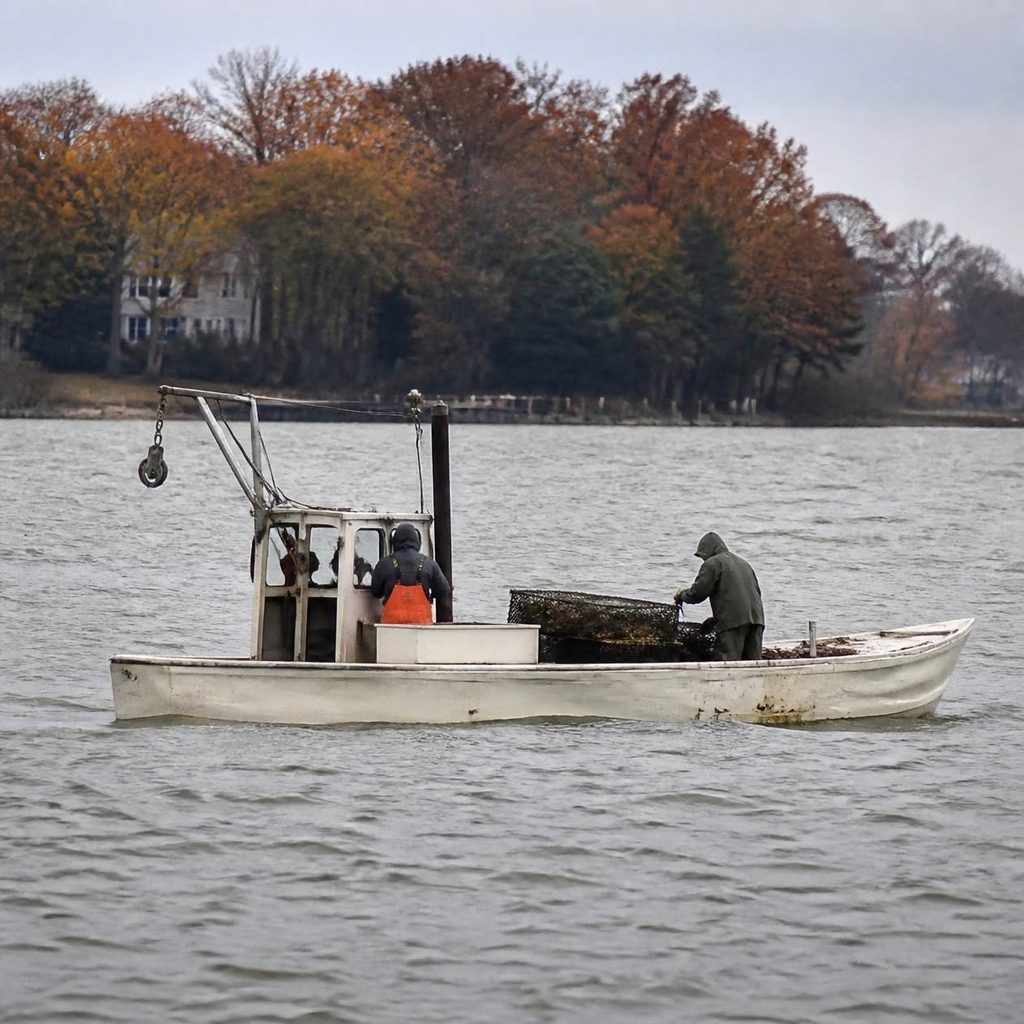 Watermen pulling oyster cages on the Chesapeake Bay in late fall — November is prime oyster season in Southern Maryland