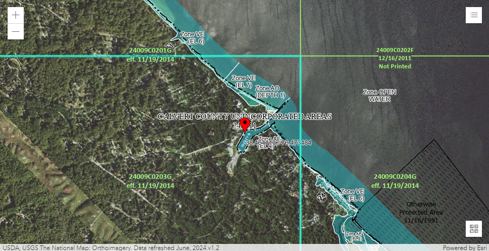 FEMA flood zone map for St. Leonard Maryland showing Zone VE high-risk coastal areas along the Chesapeake Bay shoreline and Zone AE flood areas near creek corridors in Calvert County